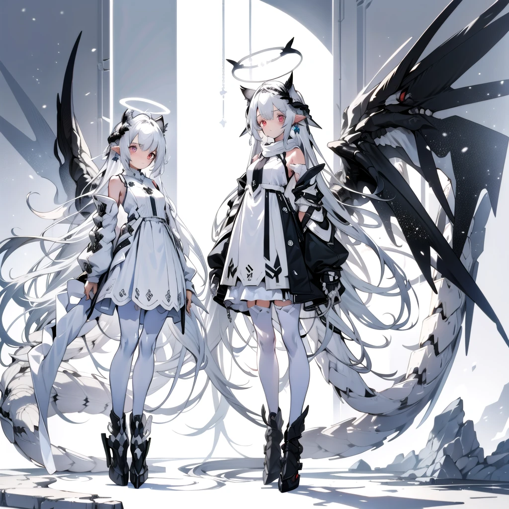 masterpiece, highest quality, highest resolution, clear_image, detailed details, White hair, long hair, cat ears, 1 girl, red eyes, white pantyhose, sci-fi dress, white scarf (white scarf around the neck with a light blue glow), gray futuristic halo (gray halo over the head), white wings (4 wings), cute, full body, no water marks, snow