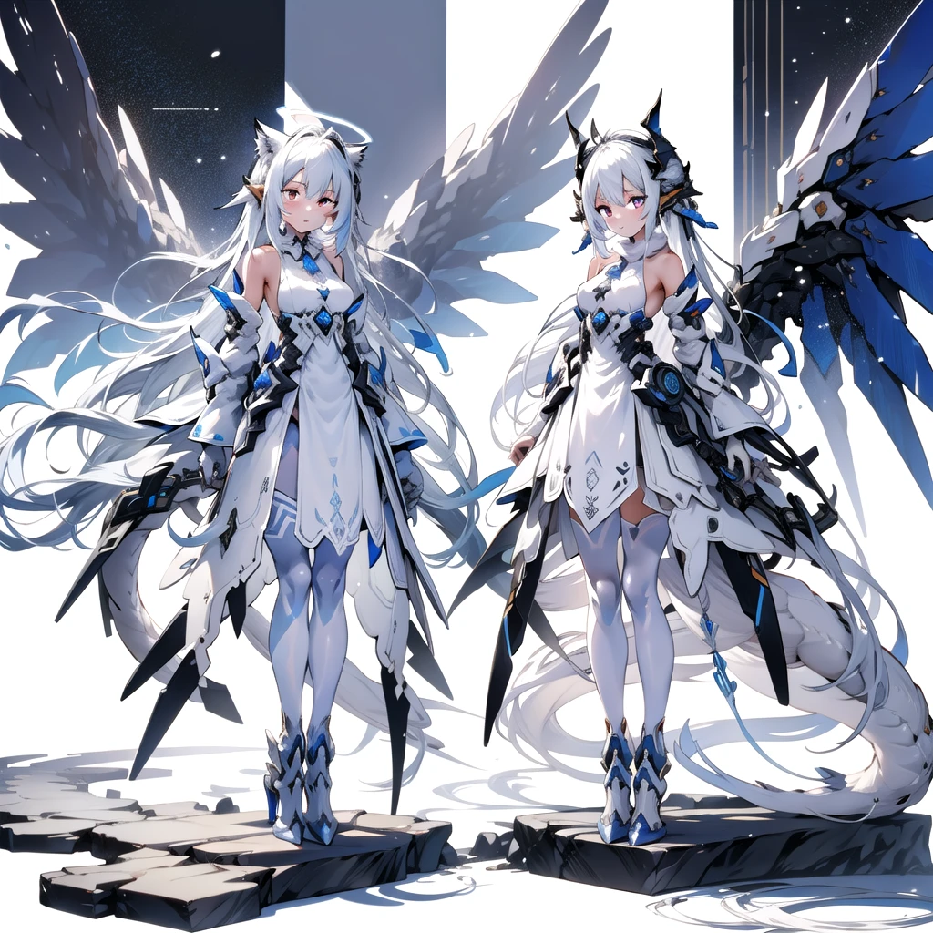 masterpiece, highest quality, highest resolution, clear_image, detailed details, White hair, long hair, cat ears, 1 girl, red eyes, white pantyhose, sci-fi dress, white scarf (white scarf around the neck with a light blue glow), gray futuristic halo (gray halo over the head), white wings (4 wings), cute, full body, no water marks, snow
