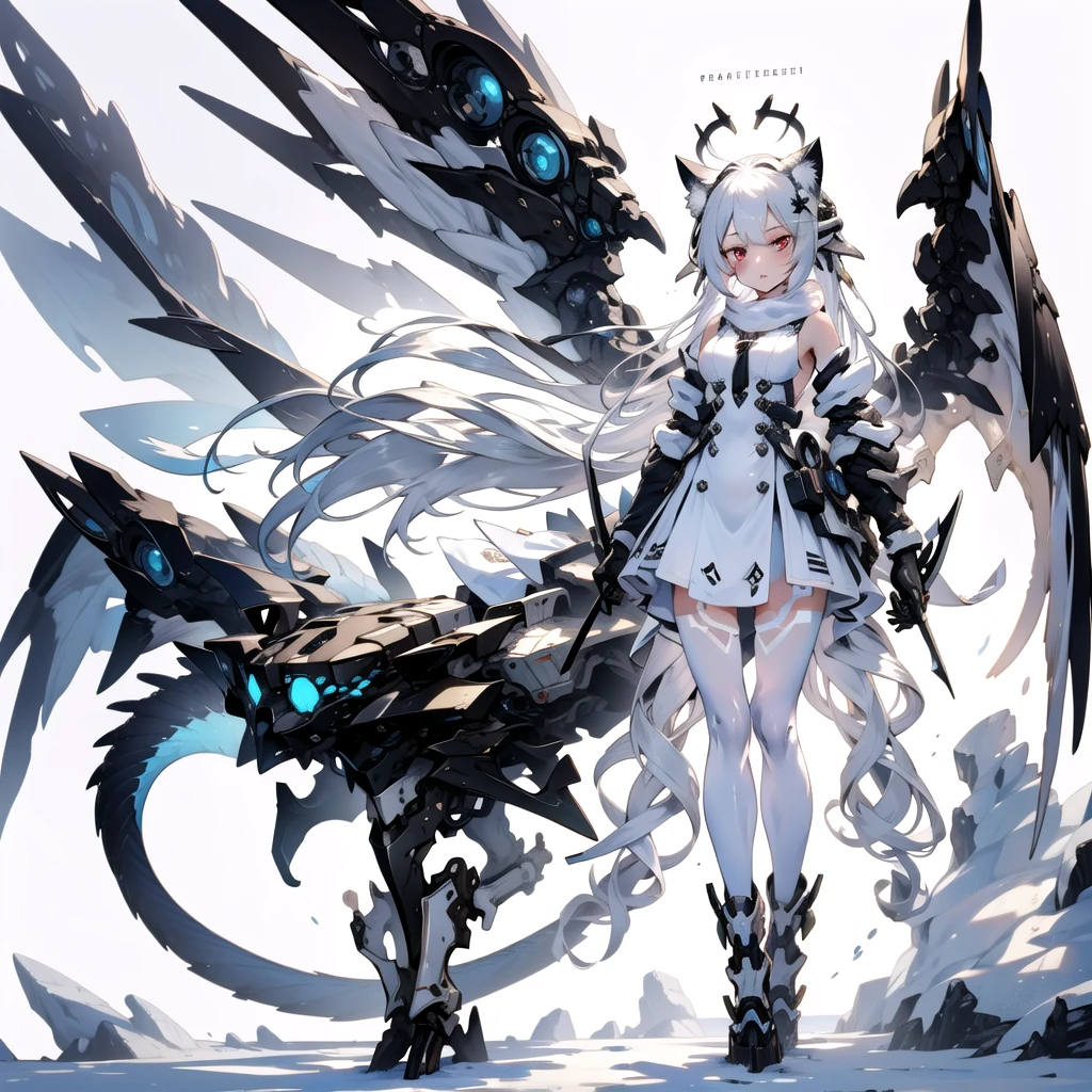 masterpiece, highest quality, highest resolution, clear_image, detailed details, White hair, long hair, cat ears, 1 girl, red eyes, white pantyhose, sci-fi dress, white scarf (white scarf around the neck with a light blue glow), gray futuristic halo (gray halo over the head), white wings (4 wings), cute, full body, no water marks, snow