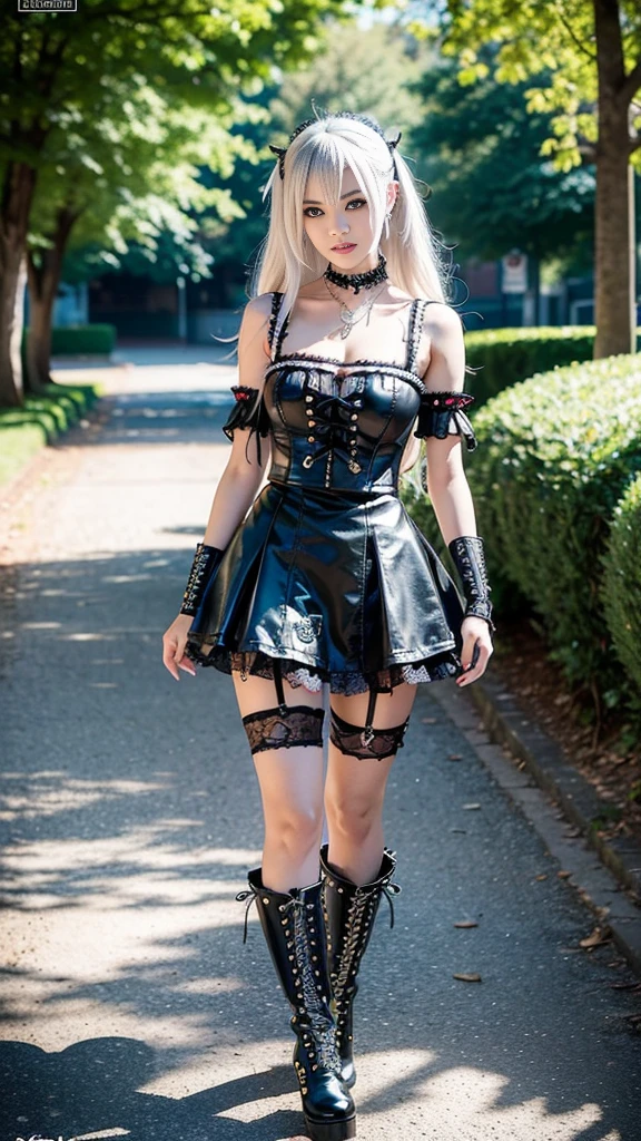 (nsfw), sexy stylish female model, only 1 female, ((doll-like appearance)), long dramatic platinum blonde stylish hair, ((shiny Punk-Style boots)), (big smile), ultra detailed eyes, Punk makeup, lipgloss, ((sexy Punk Lolita cosplay)), unconventional skirt, petticoats, high neckline, ((ultra detailed lace)), ((ultra detailed embroidery)), intricate details, tartan patterns, silver chains, silver spikes, safety pins, Punk Lolita accessoires, Punk Lolita choker, ((large sparkling Punk Lolita jewelry)), cinematic light, detailed large park background with trees