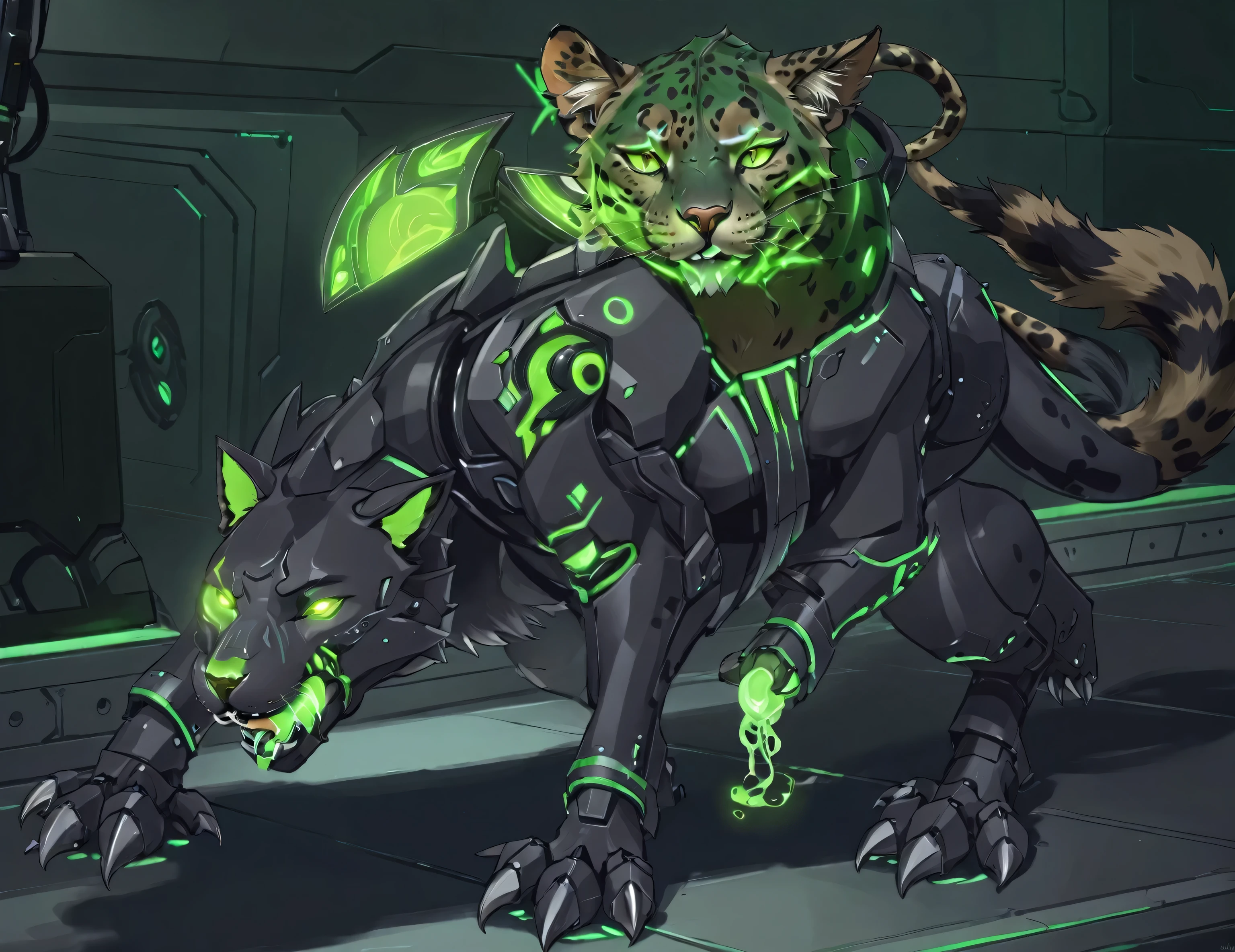 there is a cartoon picture of a cat with a green light on its face, of anthro leopard warlock, commission for high res, medical mecha canine, good boy giant mecha wolf hound, armored feline companion, warframe hound art, anthro paw pov art, warframe infested art, concept piece, by Kieran Yanner, anthro art