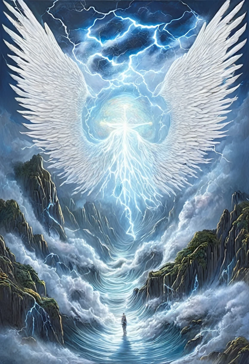 (Angel descended to the human world 1.4), An angel with white wings in the center of the screen、切り立った崖とshortageれた海のアート、shortage々Shii Wave、wave droplets、High cliffs、rock、Bubble、Cloudy、Thundercloud、lightning、Pastel Art Style