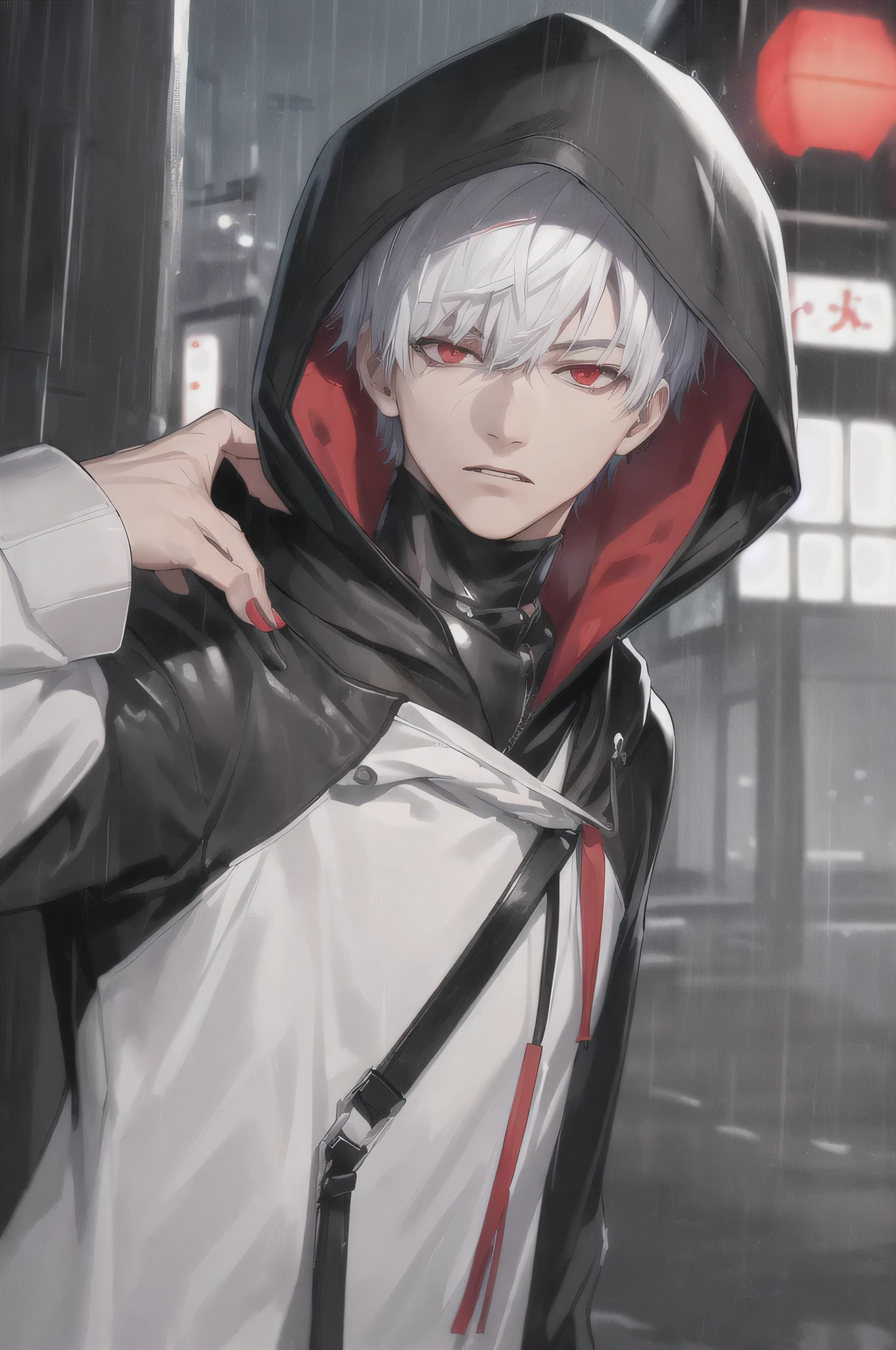 kk, best quality, more details, masterpiece, 1boy, kaneki ken, portrait, male focus, red eyes, solo, bangs, looking at viewer, hood, short hair, rain, tokyo tokyo \(city\),  hood up, nail polish, white hair, luxurious, 8k, detailed, ray tracing, depth of field, cinematic lighting,