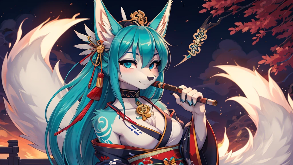 Miku Hatsune, agregar alta definición_detalle:1, pelaje azul,Orejas de Kitsune, japanesse tattoo art agregar_detalle:1, brazos al aire, japanese samuray costume add_detail:1, resplandecent body, geisha girl, smoken japanesse pipe