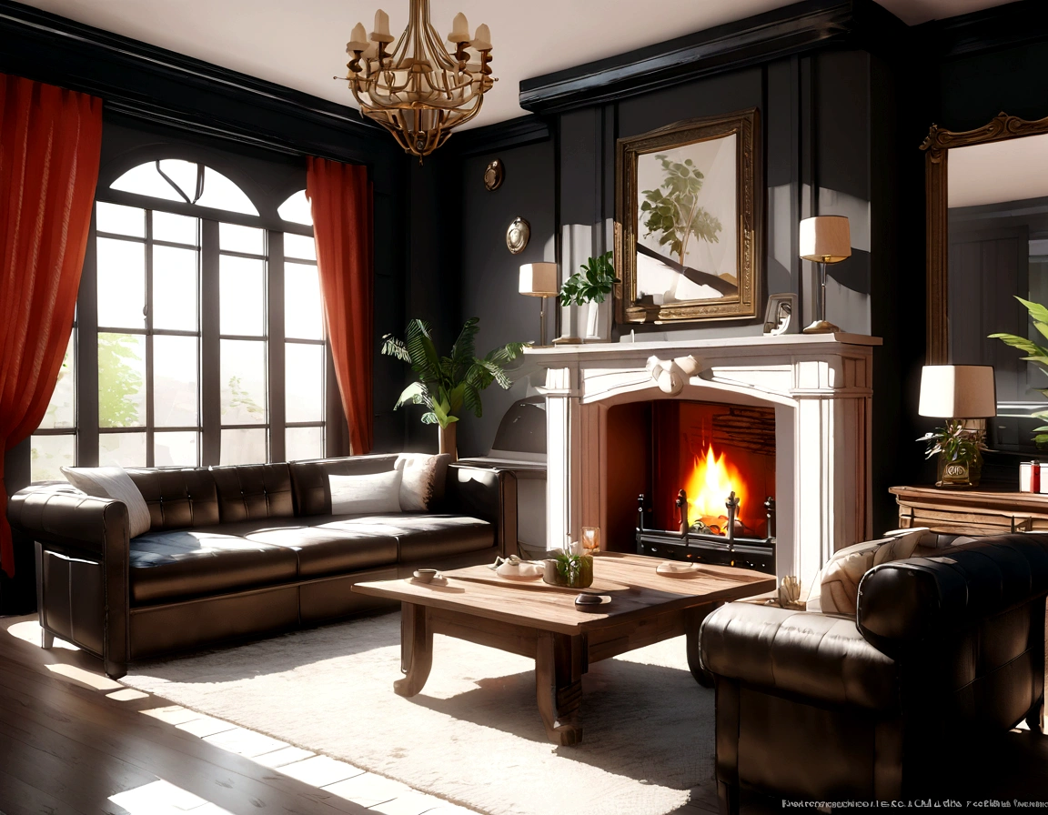 Living room with furniture and fireplace, Detailed illustrations by Evgeny Lushpin, cg Club Competition Winners, Photorealism, Rendering in Unreal Engine, Physically Based Rendering, Daz 3D