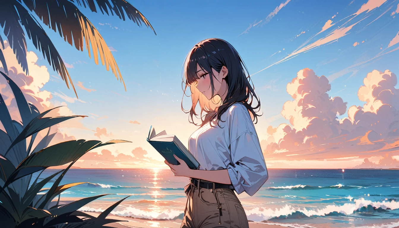 (masterpiece, Highest quality:1.2), 1 Girl, alone,Eyes open,I have a book,Tropical atmosphere,Ocean