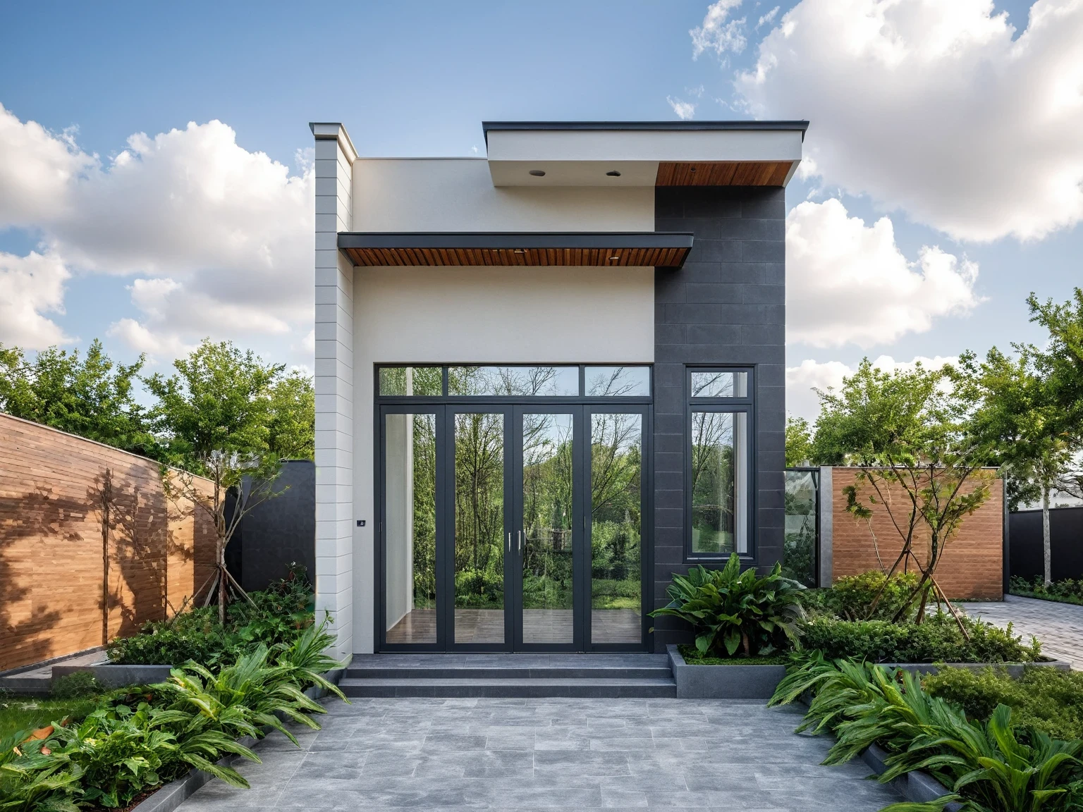 Raw photo, masterpiece, high quality, best quality, realistic, super detailed, outdoor, 1-storey house, modern house style on the street, gray painted fence,white wall, curved facade wall, aluminum glass door, grass ,tree,sky,cloud,(daylight):1.1)