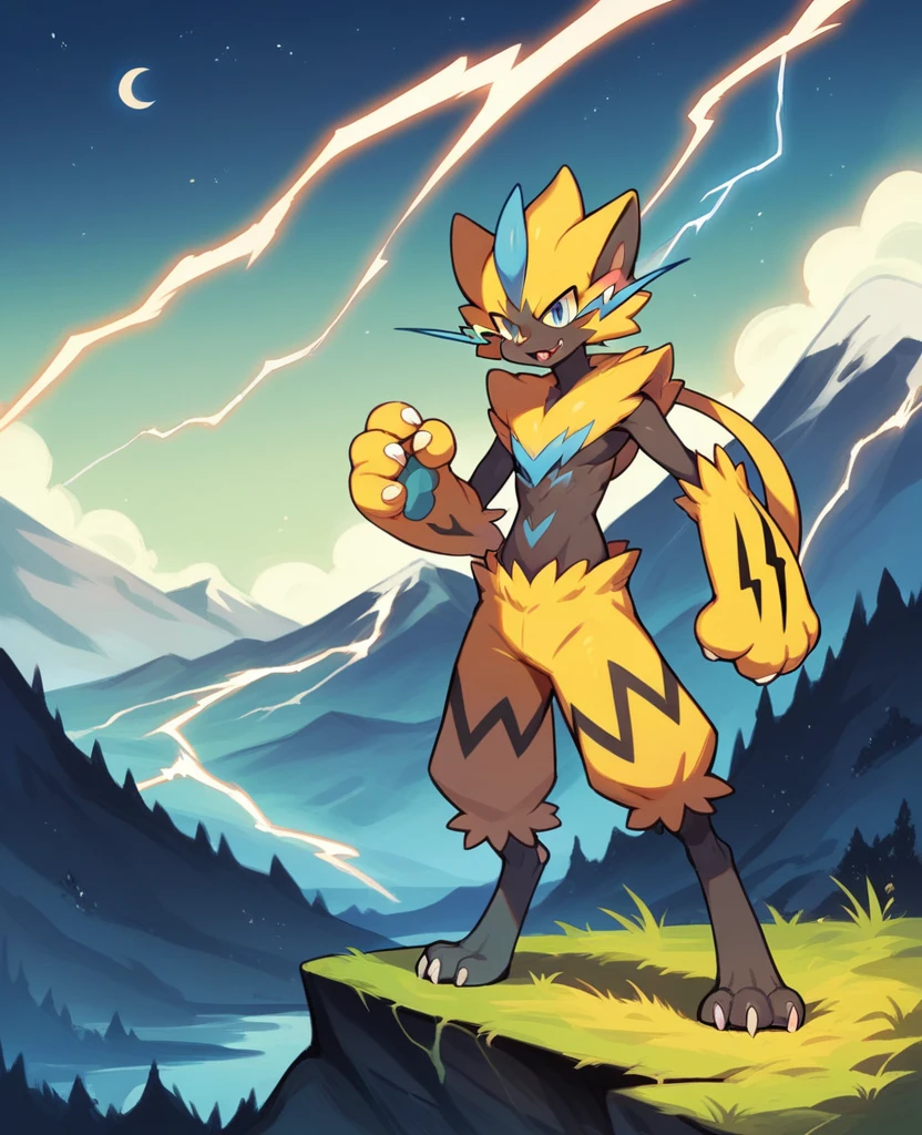 Zeraora, Pokémon, full body surrounded by lightning, the character must be looking at the sky, Mountainous landscape with the moon on the top of a mountain, original pokemon design, until, Alone, night with lightning, moment of emotional loneliness