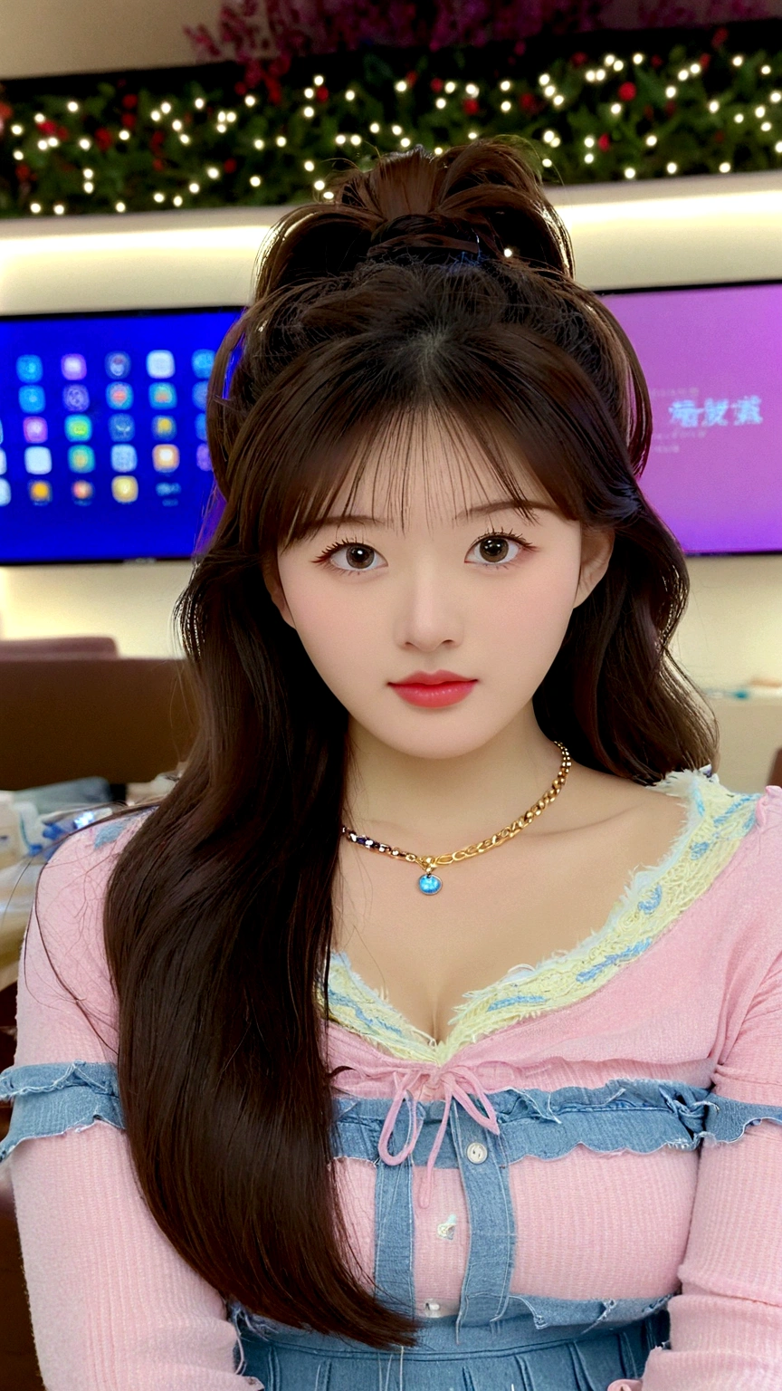 extreme close-up of beautiful Chinese female, big nose, straight hair, 38 inch breasts size, necklace, bokeh background, UHD