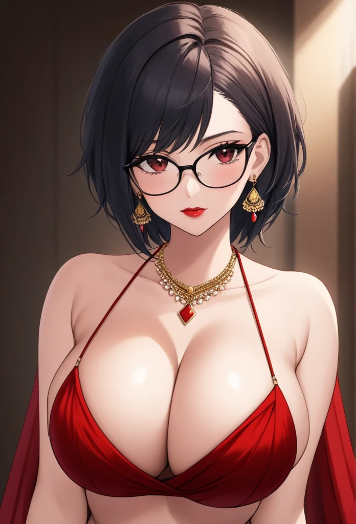 
One woman ,wolf haircut hairstyle ,red lipstick,black glasses,sharp jawline,face makeup,mole under right eye,dark red eyes ,g cup breasts size ,navel, cleavage,saree, necklace,big heavy diva jhumka earrings 