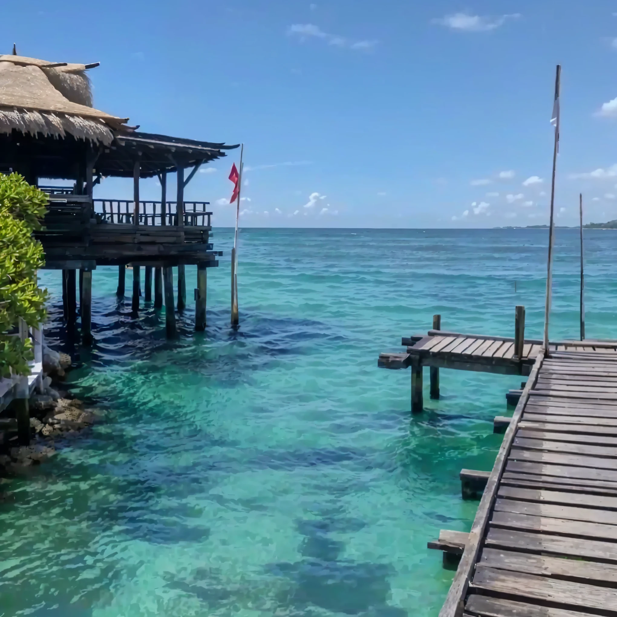 A pier with a thatched roof，There&#39;s a flag hanging on it, crystal clear blue water, carribean turquoise water, crystal Shimizu, turquoise water, clear blue water, wonderful masterpiece, On the water, sapphire waters below, Blue water, Shimizu, Clear water, azure water, Stunning sight, Tropical Regions, Paradise in the background