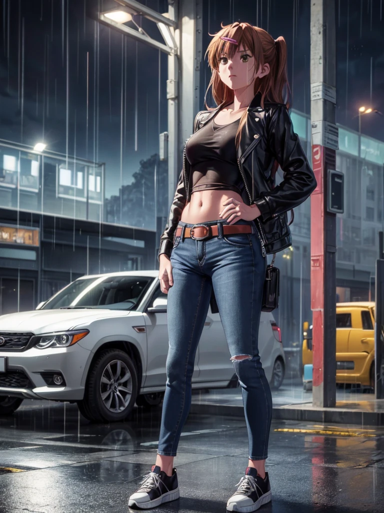 Girl, Black jacket, blue jeans pants ,  car parking background, night, rain, small breast ,Sneakers , wet bod, In full growth, Holster with a pistol on the belt 