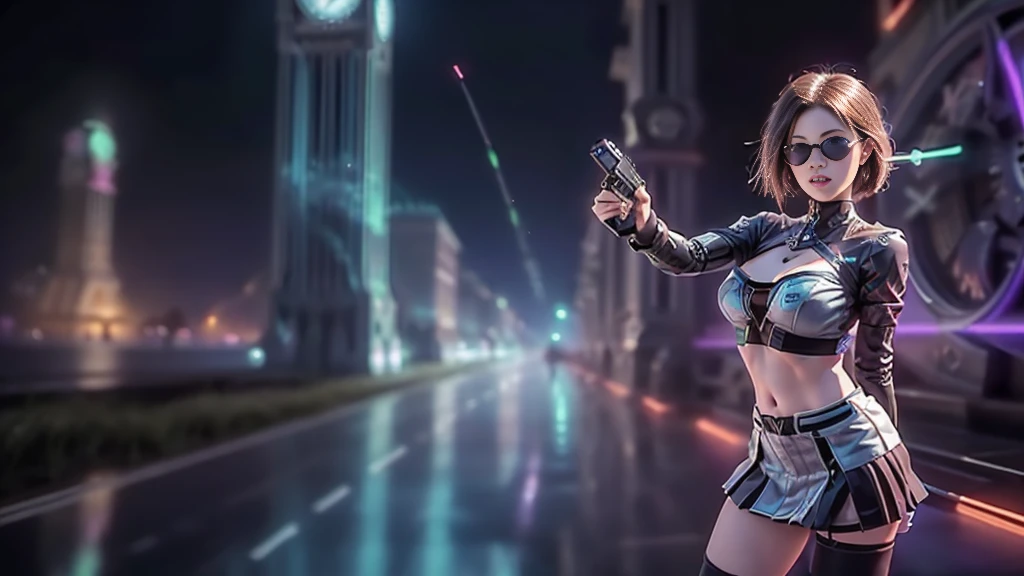 (aerial view). at night, futuristic sci-fi cyberpunk city, broad viaduct, skyscrapers at the end of the viaduct, the movie "13th Floor" style, (((((voltex-spirit-spreading giant clock tower as time machine))))), hq. Matrix style, at night, (1girl, solo), photo realistic, (large-breast:1.2 slim body, cleavage:1.3), (((tube top, extreamly short pleated (((miniskirt)))))), (((((matrix style black sunglasses))))), (((((aiming at camera with a (short:0.8 pistol)))))), (((half-body (thigh level) medium shot))), (cinematic lighting).