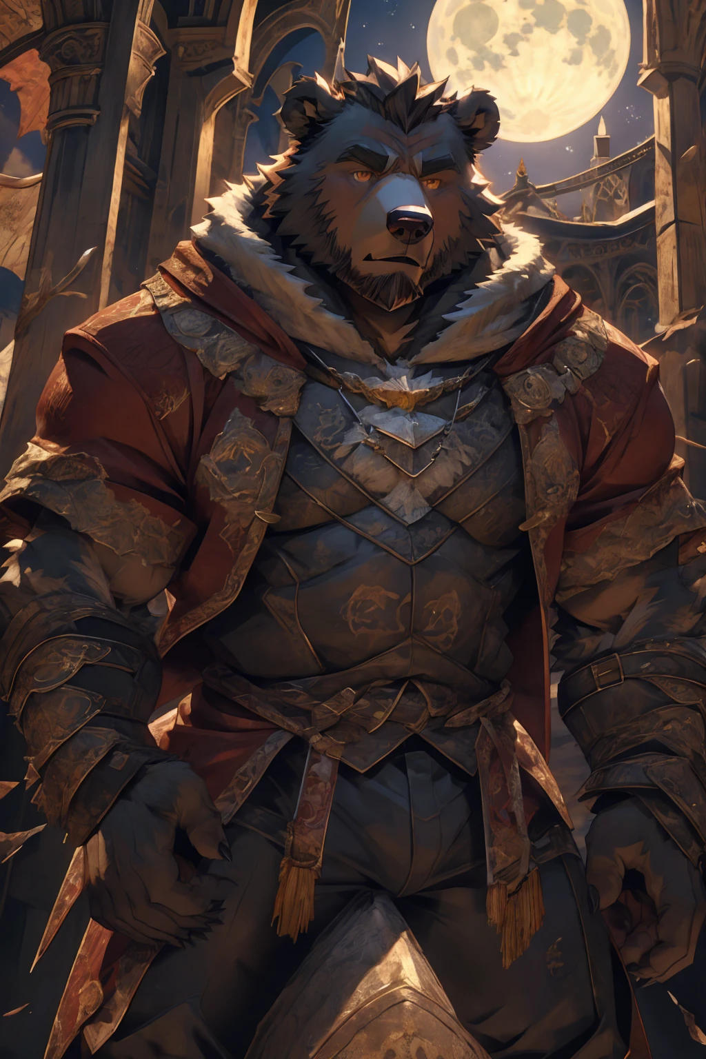 (Super detailed), Sharp focus,hairy, Gray fur, White beard,,Golden Eyes,human nature (棕Bear:1.3), male, Muscular ,(Crotch bulge),(Big Bag),Super detailed的脸,(dishevelled:1.4),(best quality), (masterpiece), High Detail, high quality,High resolution,16K,(Bear:1.3),(scar:1.1),Fangs,(vampire:1.2),(Red robe),moonlight,Sharp teeth