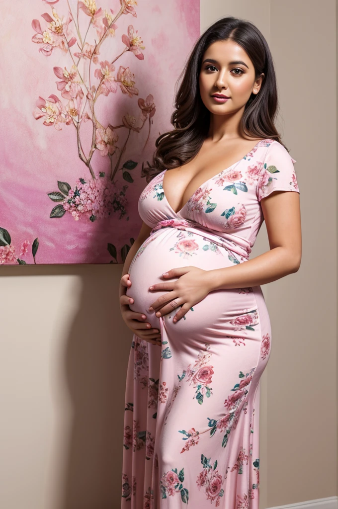 
pregnant woman in a floral dress standing in front of a plant, a photorealistic painting inspired by Nazmi Ziya Güran, shutterstock, hyperrealism, pregnant belly, pregnant, pregnancy, maternity feeling, maternal photography 4 k, wearing pink floral gown, belly, her belly is fat and round, highly realistic photo, wearing pink floral chiton, traditional beauty