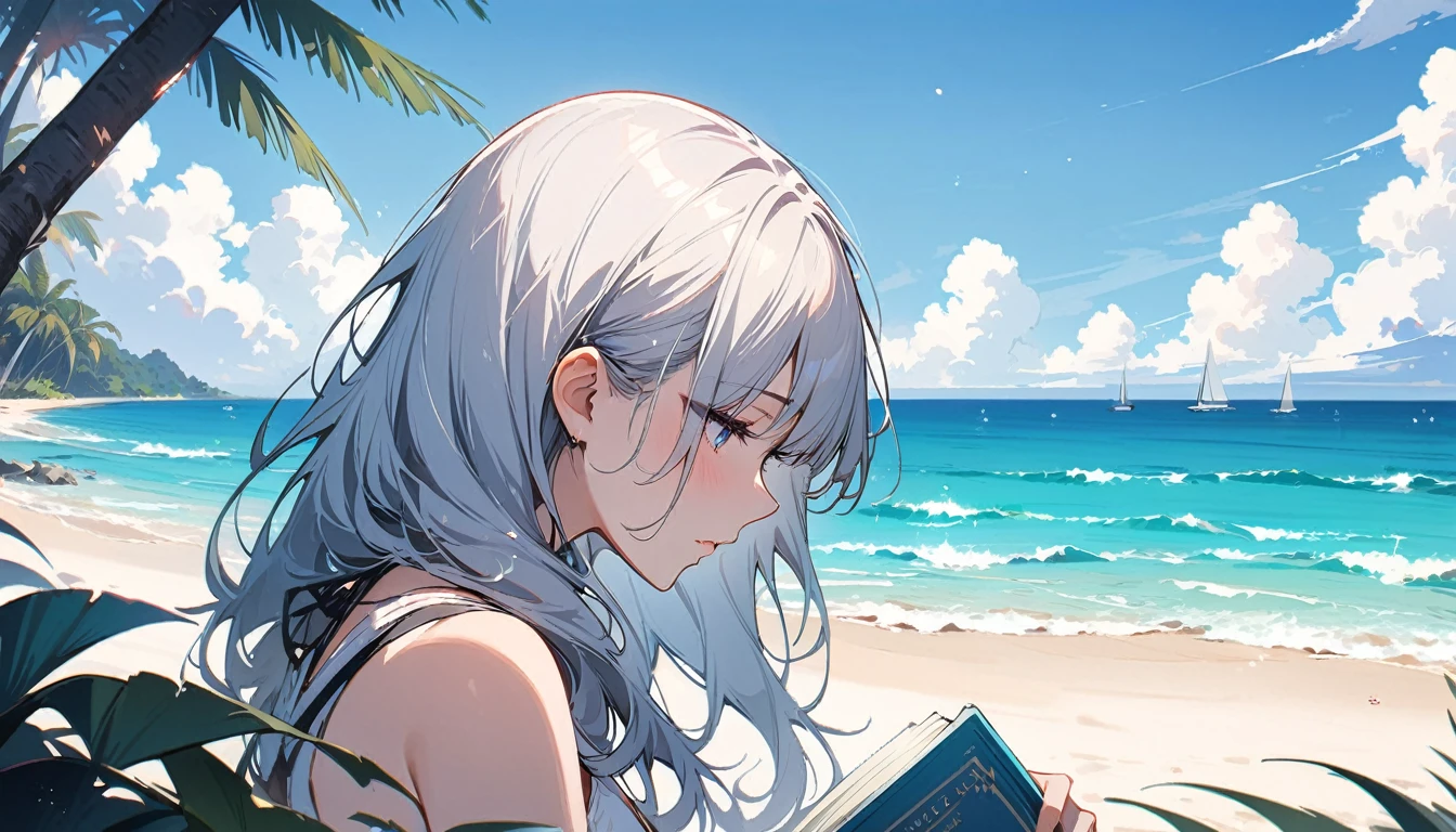 (masterpiece, Highest quality:1.2), 1 Girl, alone,Eyes open,I have a book,Tropical atmosphere,Ocean