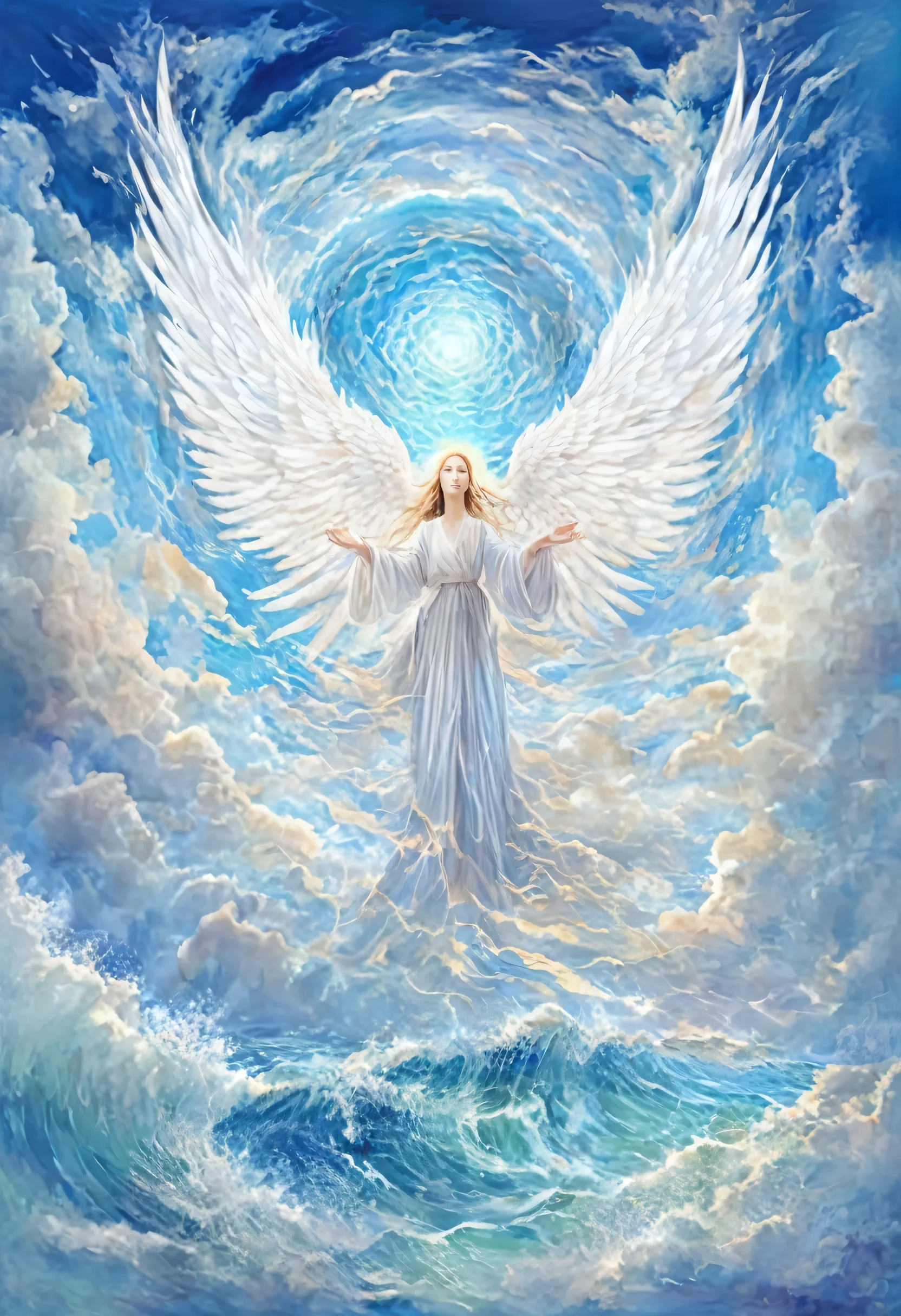 (Angel descended to the human world 1.4), An angel with white wings in the center of the screen、切り立った崖とshortageれた海のアート、shortage々Shii Wave、wave droplets、High cliffs、rock、Bubble、Cloudy、Thundercloud、lightning、Pastel Art Style