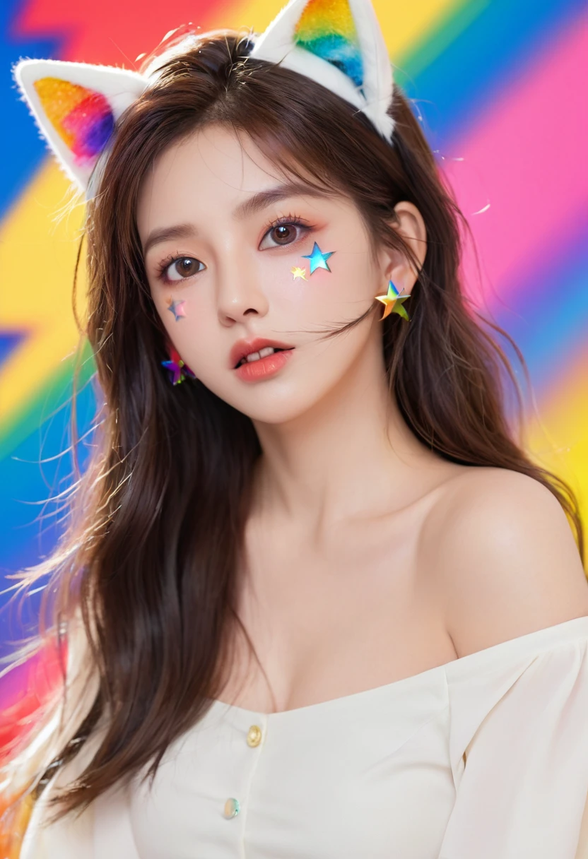 (masterpiece, best quality), ((1 Girl, (Mature female) Long hair), (Star-shaped pupil,  +_+, Symbol-shaped pupil, Bright Eyes), (Cat ears, Open your mouth)), (Looking at the audience, A faint smile, Off-shoulder), (Abstract, Multicolored background, Abstract background, Chromatic Aberration),