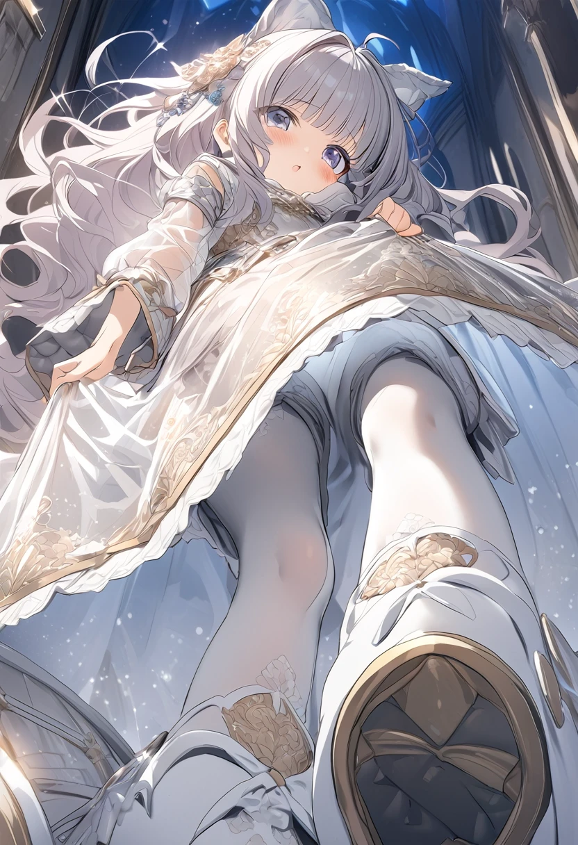 (Highly detailed CG Octane render 8k wallpaper), The most beautiful works of art in the world, Full body shot from below, Complex, High detail, 8Year old girl, Gold and silver embroidery, Grey Pearl Medieval Mini Dress(With panniers), Translucent fabric, Please lift your skirt, Strong winds, Translucent slip, Grey translucent tights, Peeking from below, Highest quality, Disorder of clothing, Lying down, underwear, Show off your thighs, night