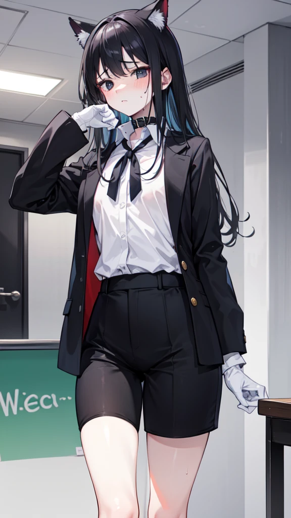 18-year-old girl,White and tender skin,cute,Wear a white long-sleeved shirt and a black jacket and a black work tie,Wear black trousers,Wear black booties,Wear white gloves,wear cat ear,Wearing a collar,Black hair,Black eyes,Very thin waist,Very thin legs,Handsome,Disdainful and cold expression,shy,blush,scared,Sweating,tired,pornography,porn action,is cumming