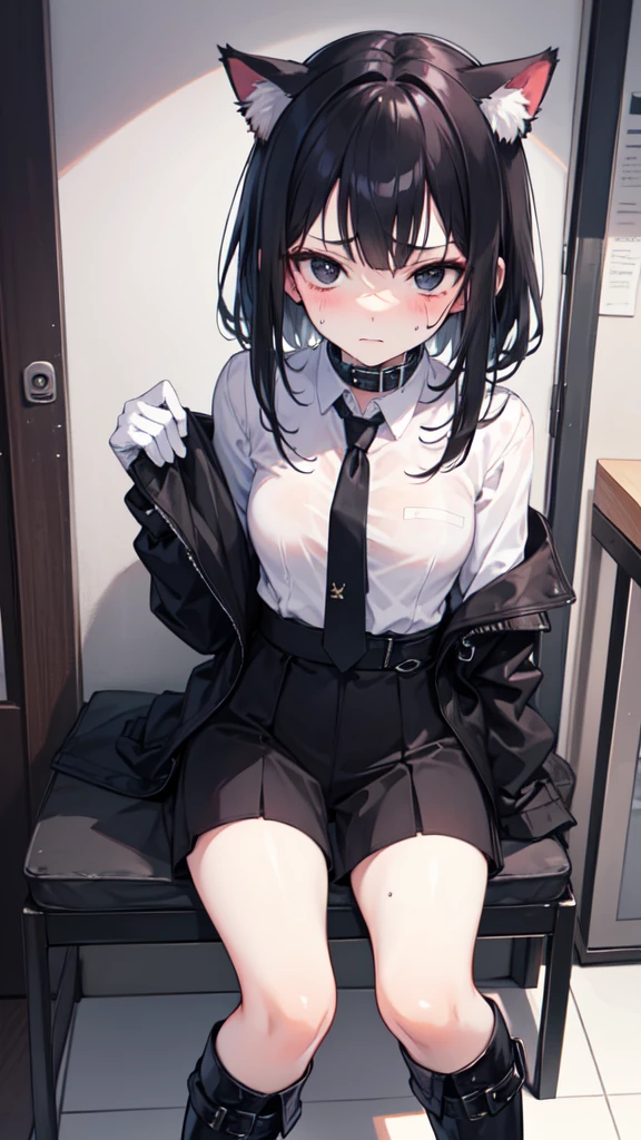 18-year-old girl,White and tender skin,cute,Wear a white long-sleeved shirt and a black jacket and a black work tie,Wear black trousers,Wear black booties,Wear white gloves,wear cat ear,Wearing a collar,Black hair,Black eyes,Very thin waist,Very thin legs,Handsome,Disdainful and cold expression,shy,blush,scared,Sweating,tired,pornography,porn action,is cumming