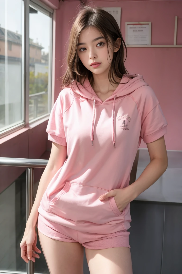 une femme de 18 ans sexy et mince , pink short sleeve hoodie , salle de classe, se touche,position sey,sensuel