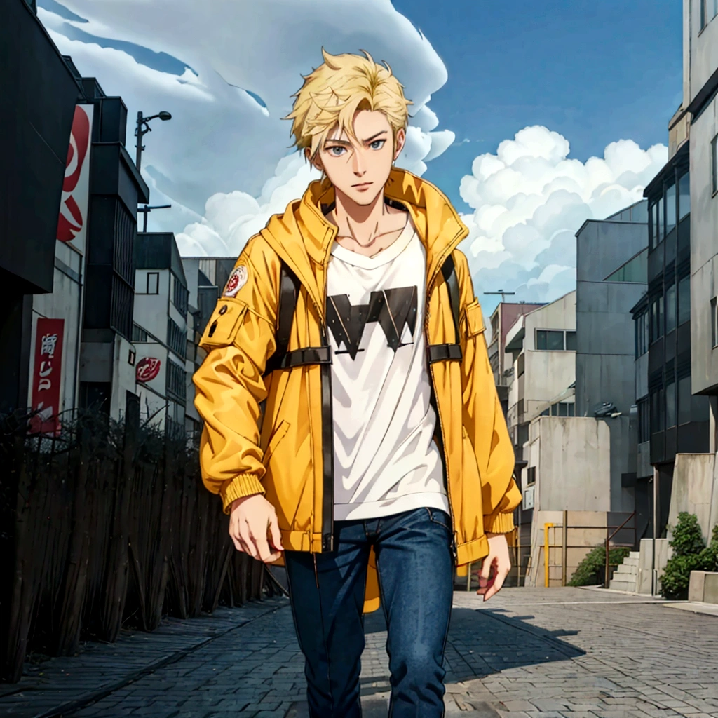 A cartoon character wearing a yellow jacket walking down a city street, Realistic Anime 3D Style, Anime Styled 3d, Anime Style. 8K, Standing in the city centre, modern Anime Style, Standing on the street, Anime Style hyper detailed, in Anime Style, Anime Style character, in an Anime Style, Realistic clothing, 3D Anime Real, semirealistic Anime Style
