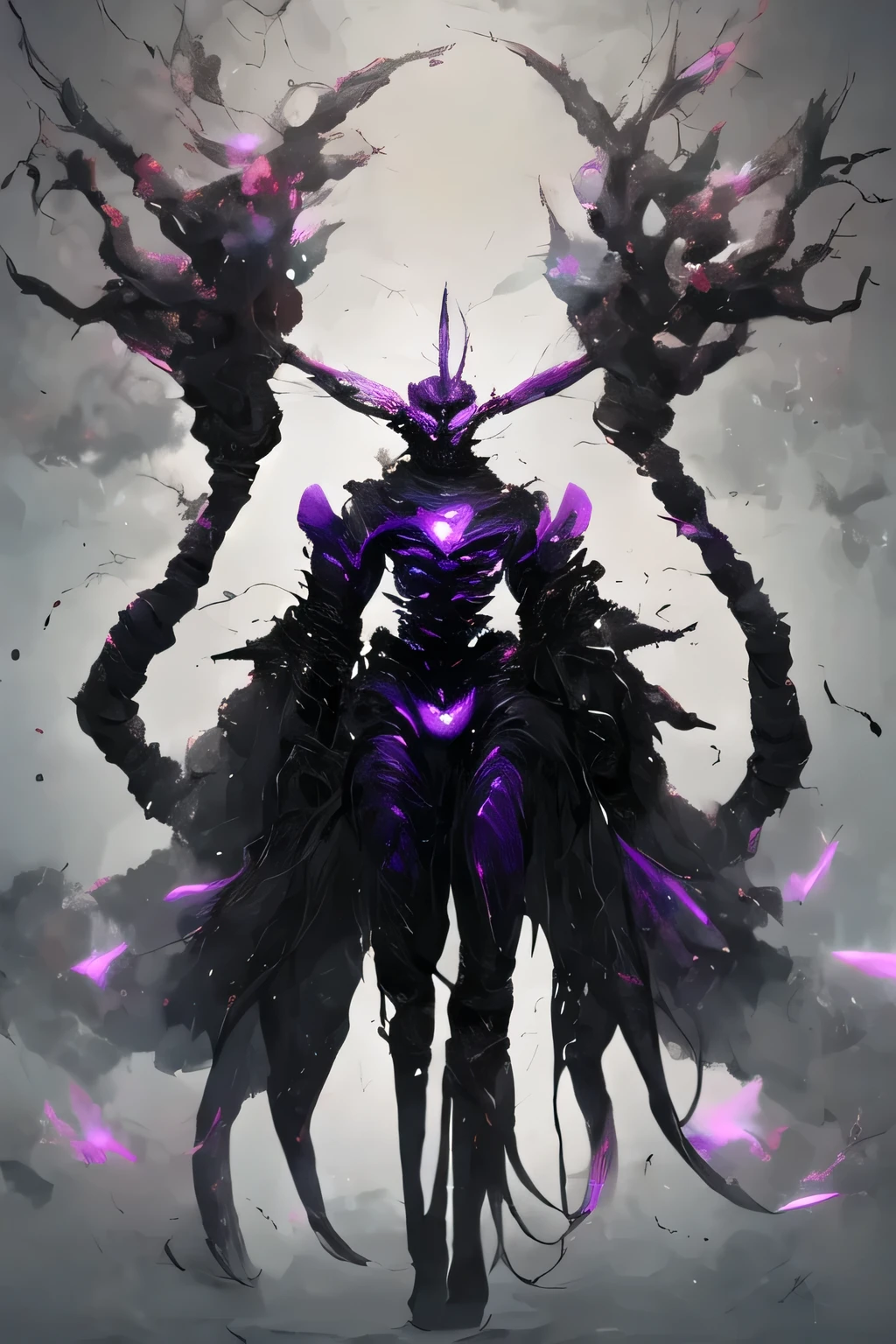 The appearance is black fog,Wearing armor,Modern Battle Suit(((detailed)))The shape is humanoid,Modern weapons(((detailed)))Has glowing red eyes,The shape is made up of purple glowing hearts.,Built with lightning(((detailed)))The skeleton is human-like and muscle fibers are visible.,Searching for prey using a fog-like technique(((detailed)))barren land,dead tree,FOG,A world of chaos(((detailed)))Full Body Shot,Highest quality。