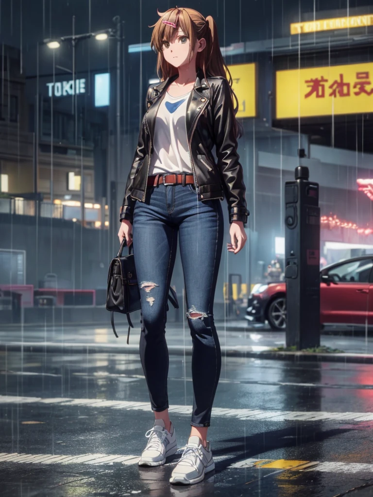 Girl, Black jacket, blue jeans pants ,  car parking background, night, rain, small breast ,Sneakers , wet bod, In full growth, Holster with a pistol on the belt 