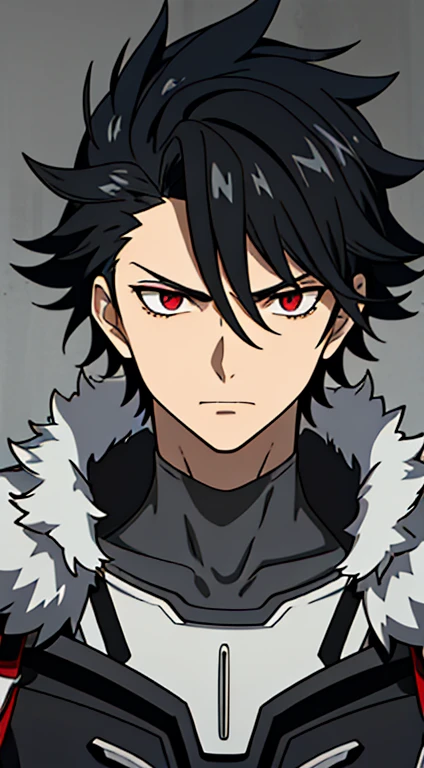 (high-quality, breathtaking),(expressive eyes, perfect face) 1boy, male, solo, age 18, teenager age, masculine face, black color hair, red eye color, spiky fluffy hair, short hair length, messy loose hair, Hypnos inspired, narrow eyes, Symmetrical Eyes, portrait, serious expression, grey background
