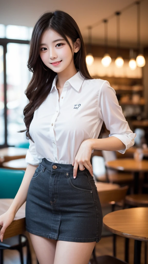 Tabletop, Highest quality, shape, Very detailed, finely, High resolution, 8k wallpaper, 完璧なダイナミックな構shape, finelyて美しい目,Long Hair, Center of chest, Natural color lip, Random sexy poses,smile,24-year-old woman,Cafe,coffee、mini skirt、Big Breasts、shirt
