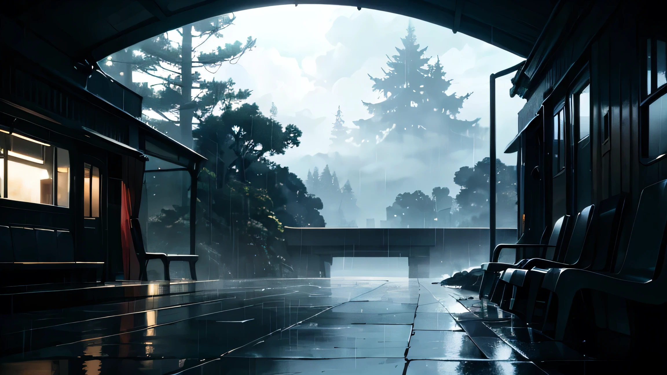 a forest outside a train window, cloudy night, raining, heavy fog, dramatic lighting, atmospheric, moody, cinematic,dramatic clouds, wet foliage, droplets on glass, depth of field, bokeh, photorealistic, 8k, highly detailed, masterpiece, anime drawing by Makoto Shinkai, Trend in Pixiv, magical realism, beautiful anime scene. makoto sinkai, ( ( makoto sinkai ), makoto sinkai, anime background art, style of makoto shinkai, with a lot of rain.
