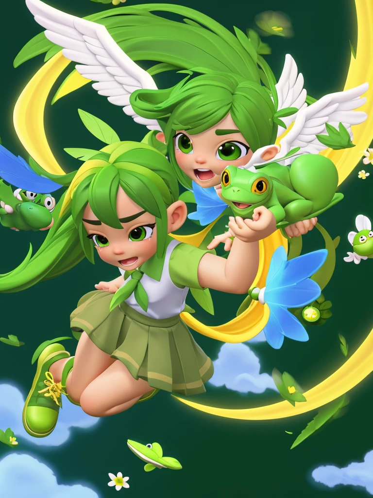 An angel girl with wings flying with green hair and the wind blowing. She is fighting with a big frog. The frog is crying. She is wearing a uniform with green and gold lines.