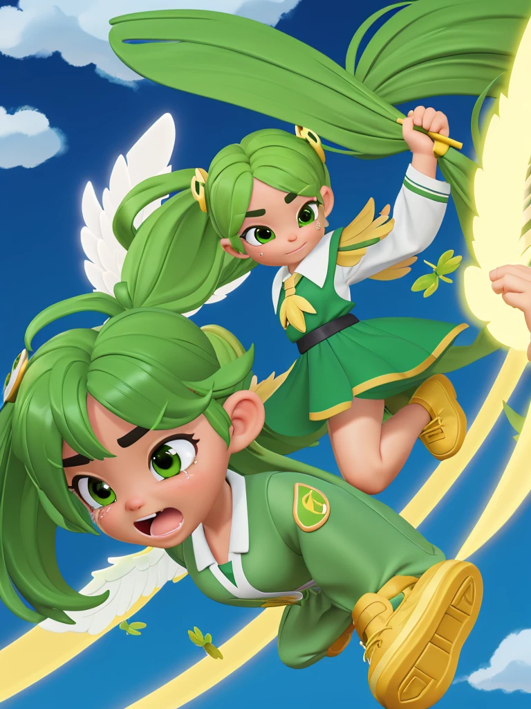 An angel girl with wings flying with green hair and the wind blowing. She is fighting with a big frog. The frog is crying. She is wearing a uniform with green and gold lines.