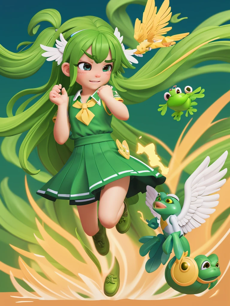 An angel girl with wings flying with green hair and the wind blowing. She is fighting with a big frog. The frog is crying. She is wearing a uniform with green and gold lines.