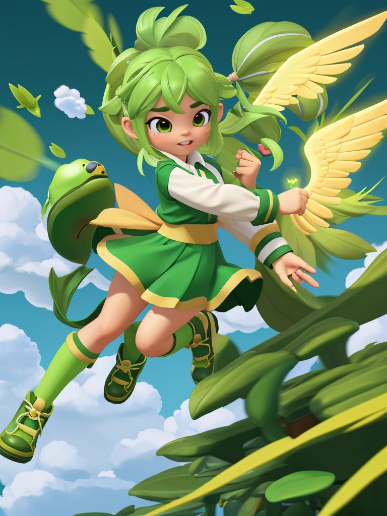 An angel girl with wings flying with green hair and the wind blowing. She is fighting with a big frog. The frog is crying. She is wearing a uniform with green and gold lines.