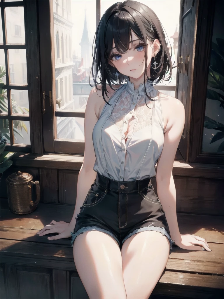 absurdres, RAW photo, extremely delicate and beautiful, masterpiece, Best Quality, ultra high resolution, 32k, hyperrealistic, ultra-detailed, in her 20s, delicate facial features, tearful mole, earring, medium breasts, full body shot, shorter middle hair, black hair, Sleeveless shirt, shorts,