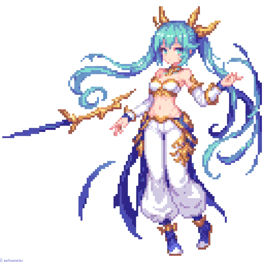 masterpiece , best quality , pixel art , 1 girl , fantasy clothes , full body , white background , pants