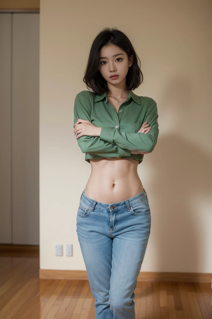 (best quality, Masterpiece, Realistic photos, very detailed, Ultra high resolution, raw:1.3), 1 woman, beautiful, Japan, in university, A young university girl wears a green button-up crop top shirt, Blue Jeans, showing navel, College Student, navel, (canvas shoes, ขาbeautiful, full body, standing), university class room, holding a book, Dress well, ((cross her arms over her chest)),