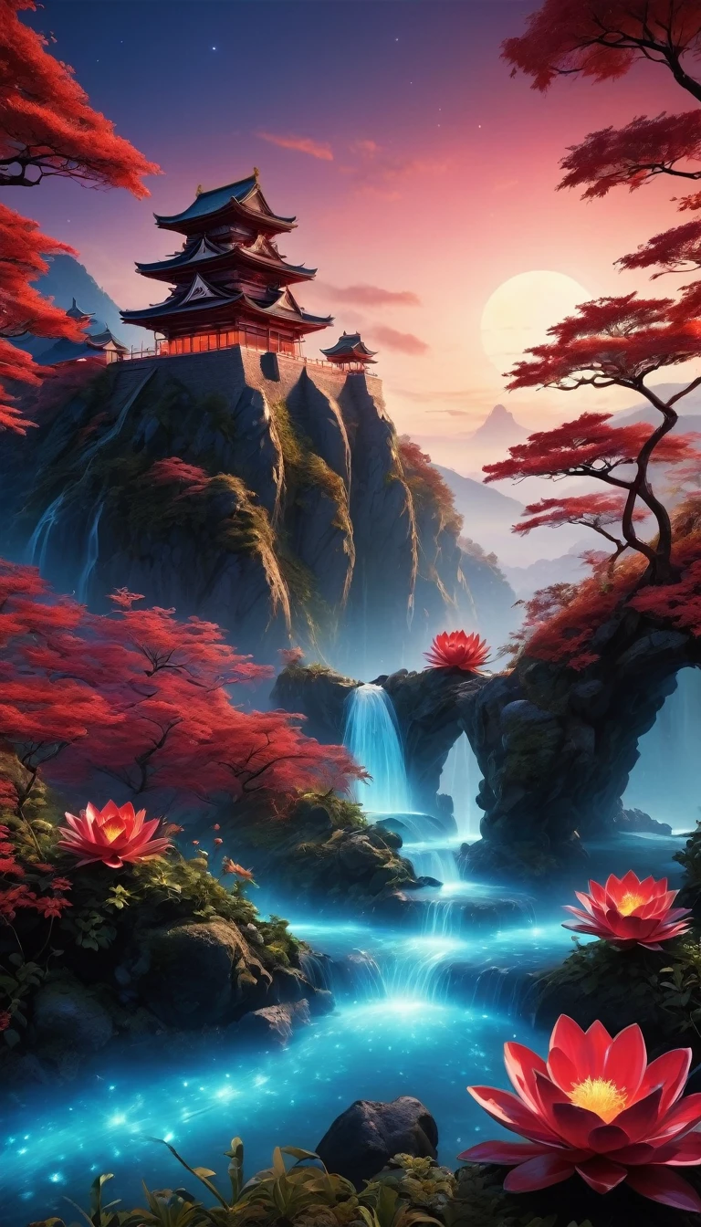 A somewhat spooky red and black landscape,Beautiful everywhere、Vibrant、On the screen々Strange alien flowers of all shapes and sizes are projected.,A wide variety of tasty alien fruits。Best image quality,Resolution is 4K or 8K,Capture every detail perfectly。The pictures are very detailed,Presented in a realistic way,Delivering a truly immersive experience。This work combines illustration techniques with 3D rendering..,Visually stunning、A work of excellent craftsmanship。Bright colors,Enhance the surreal atmosphere of the landscape。The lighting design is very detailed,Expressing complex changes in light and shadow,Add layers and depth to your scenes。This work arouses curiosity and awe in the viewer.。.。,Take your audience into a magical, surreal world,Where natural beauty takes on a whole new meaning。Inside the Japan Castle、