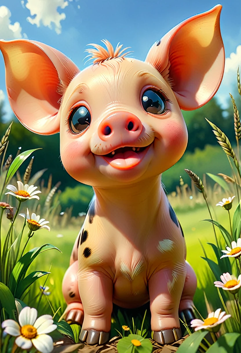 Masterpiece Illustration, high quality, high resolution 16k, a painting of a baby pig with a smile on it's face and big ears sitting on a Sunny meadow, Smooth skin, (fisheye camera), funny cartoonish trend in Art Station, playful smile, 🍁 cute, inspired by Ruben Tam, very cute facial features, , small in size, long pointed ears, artistic style, oil and watercolor painting