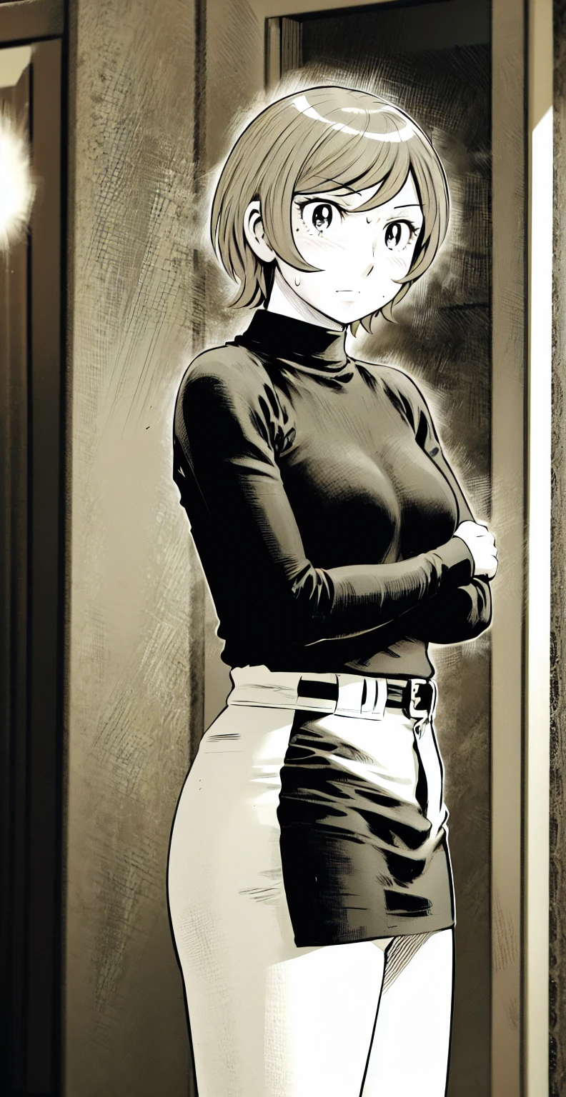 、(masterpiece、Highest quality)、Highest quality, Ultra-high resolution, (((masterpiece))), alone, Sweat、Big eyes,Tight black shirt、Tight white pants、belt、indoor、Composition from the front、(Cut the back hair short、short hair、blonde、woman)、Shortcuts、Embarrassed face、Cut your hair short、可愛いwomanの子、Big Breasts、Inside the room、Full Color、Baseball uniform