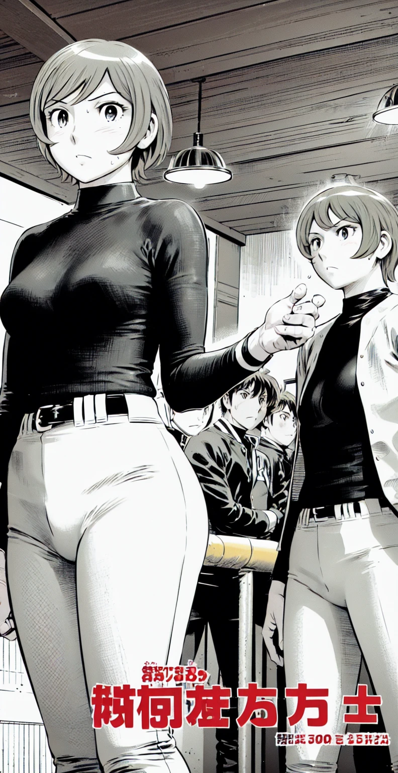 (野球uniform:1.2),
Blonde Hair, (short hair:1.2),Long sleeve, Black Shirt, turtleneck,White trousers、uniform、Black belt、((Illustration of people))、Big 、
View Audience,, (Highest quality:1.3),One Girl, White pants、uniform、indoor、baseball 、White wall、blue eyes、Tight black shirt、(masterpiece、Highest quality)、Highest quality, Ultra-high resolution, (((masterpiece))), alone, Sweat、Big eyes、Big Breasts、One Girl, Front view、Embarrassed face、Bronze colored hair、((short hair))、Stand up straight、Cowboy Shot