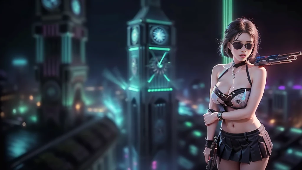 (aerial view). at night, futuristic sci-fi cyberpunk city, broad viaduct, skyscrapers at the end of the viaduct, the movie "13th Floor" style, (((((voltex-spirit-spreading giant clock tower as time machine))))), hq. Matrix style, at night, (1girl, solo), photo realistic, (large-:1.2 slim body, cleava (((tube top, extreamly short pleated (((miniskirt))) exposing panty))), ((((ix style black sunglasses))))), (((((aiming at camera with a (short pistol)))))), (((half-body (thigh level) medium shot))), (cinematic lighting).
