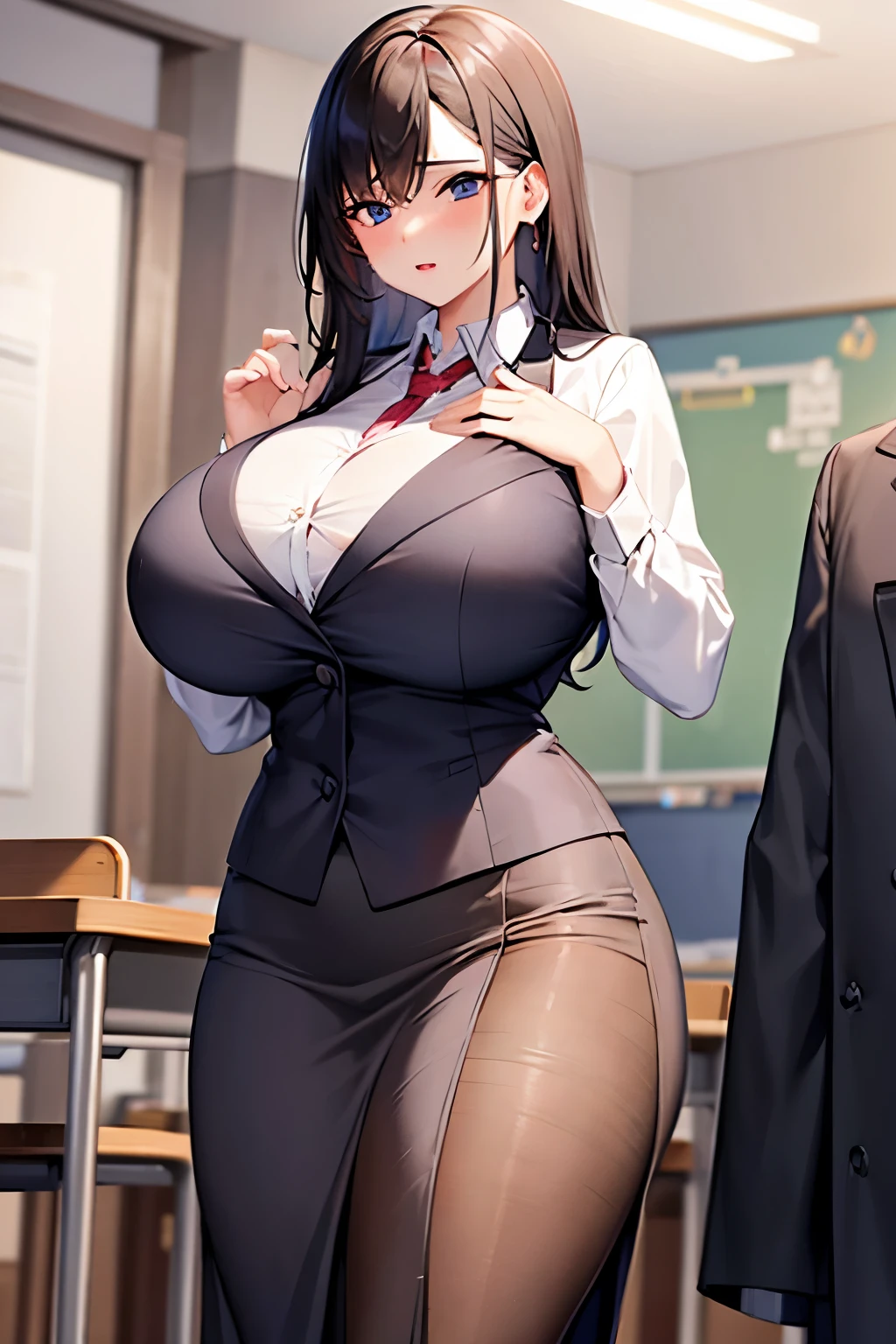 female teacher、Being threatened by a man、Long skirt、suit、Large Breasts、Too big breasts、classroom、gigantic breasts,bursting breasts、best quality, perfect skin
