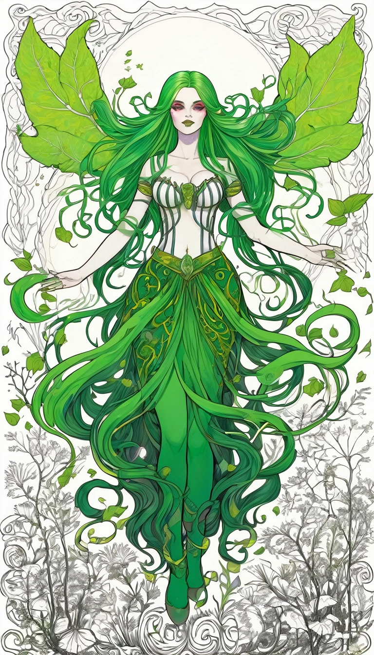 divine beautiful dlyad girl, long green hair, large breasts, full body, personified, fantasy, excellent lighting, excellent anatomy, leaves, weeds, sprouts, trees, soil, ethereality, fantasy card game frame, psychedelic, psychedelic delusion, 2d Gauche hand drawn painting, masterpiece 