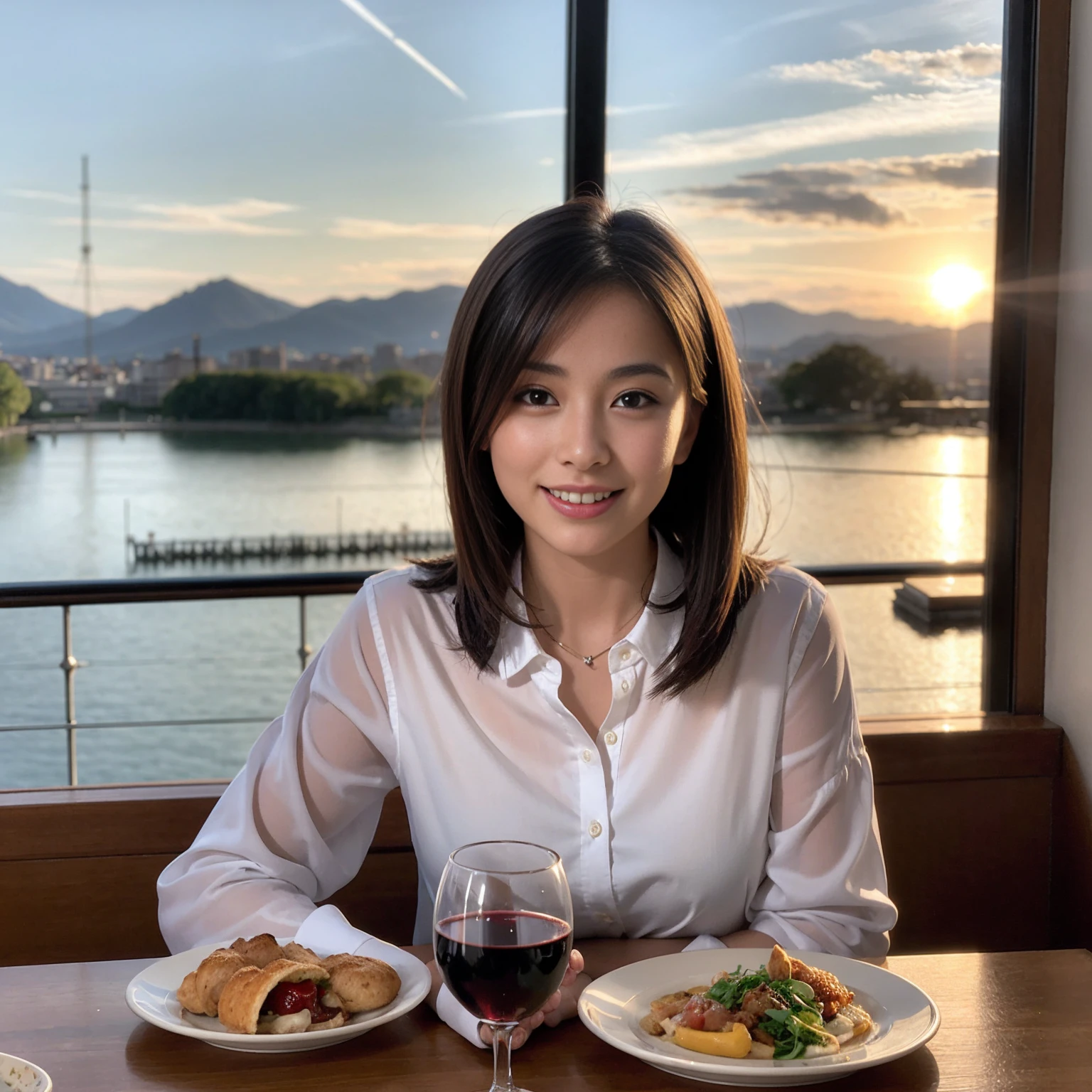 ((Highest quality、、masterpiece:1.3))、1 male、1 female、spouse、Beautiful couple、Japanese couple、smile、 (Slim face), (the body is スリム), (Brown Hair), (Shortcuts), ((Bob Hale、Straight hair:1.2)), テーブルの上のwine glass、Please shine a light on my face、 Amazing view of the sunset sky and clouds、Amazing mountain views、smileの美しさ、Bright imYear、Blushing, Shortcuts,Bright Face、 Year), 39 Year, red wine 、Appetizers、Italian food、Wine bottle、Champagne、sparkling wine、Long sleeve shirt、dress、Attractive beauty、restaurant, Nova Frog Style, actress, model, Upper Body, White wine, red wine, wine glass,