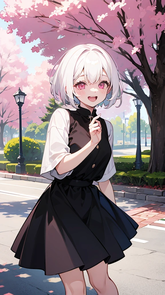 White Hair、Pink Eyes、Short Hair、Cute、One Girl、Only one girl、Daytime、Wearing a black dress、at the park、laughing