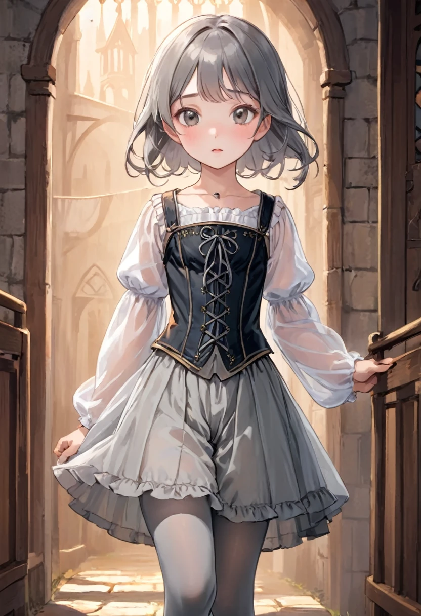 8 year old medieval girl, underwear姿、Translucent knee-length bloomers(underwear)wear、wear a semi-transparent corset、Translucent slip, Grey translucent tights