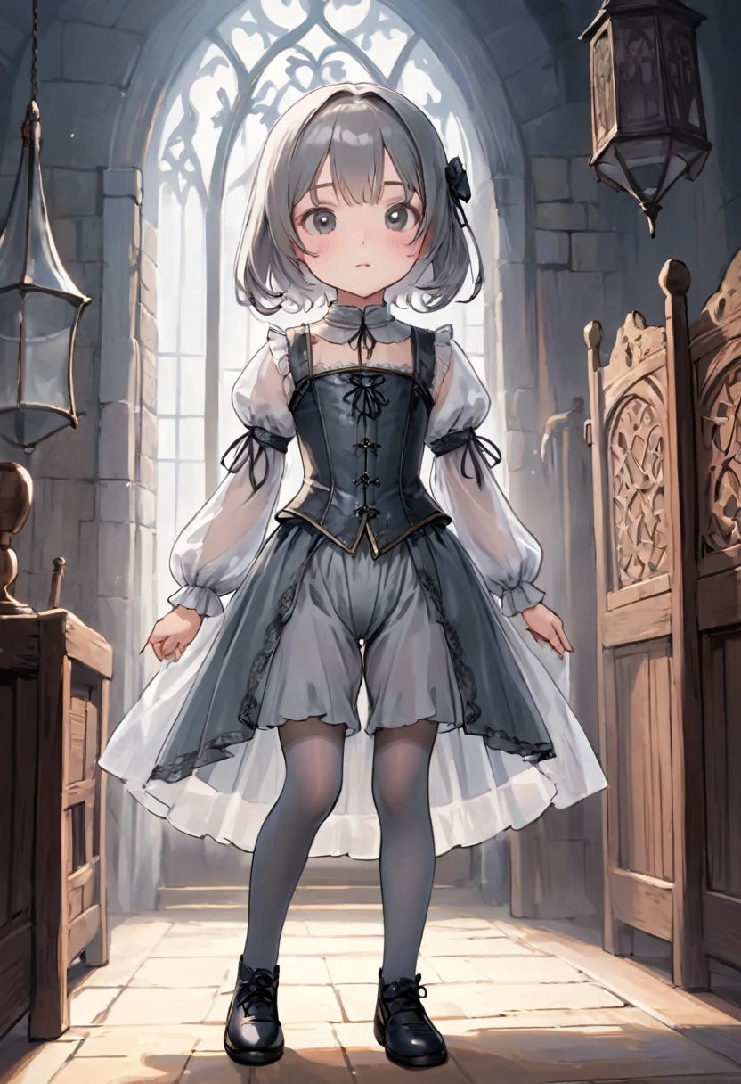 8  medieval girl, underwear姿、Translucent knee-length bloomers（underwear）wear、wear a semi-transparent corset、Translucent slip, Grey translucent tights